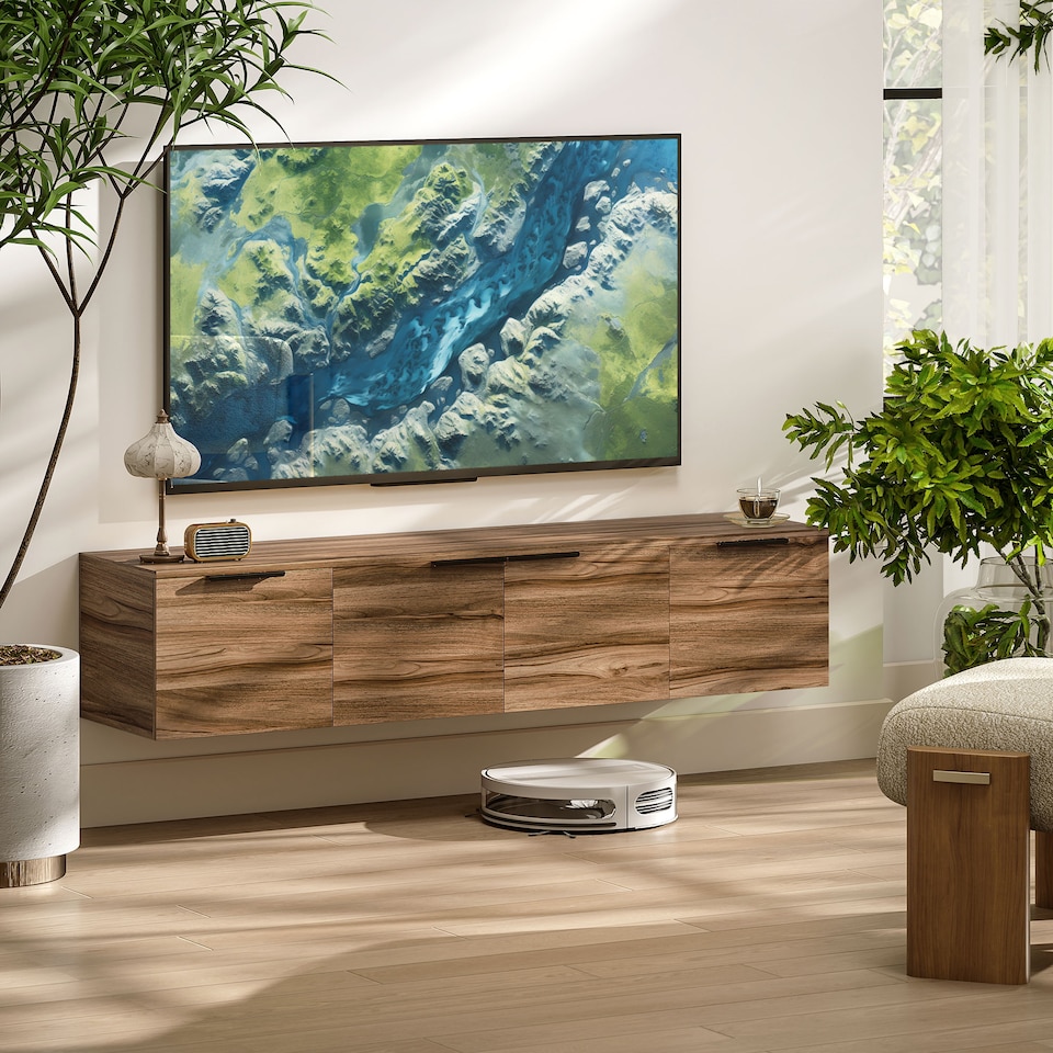 image 1 of HOMCOM Floating TV Unit, 150 cm Wall Mounted TV Stand Cabinet with Shelves and Doors, Entertainment Media Console for Living Room, Bedroom, Rustic Brown