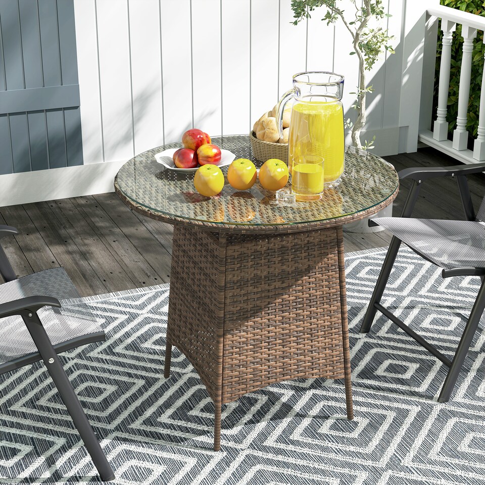 image 1 of Outsunny Patio Furniture Rattan Garden Table with Umbrella Hole, Brown
