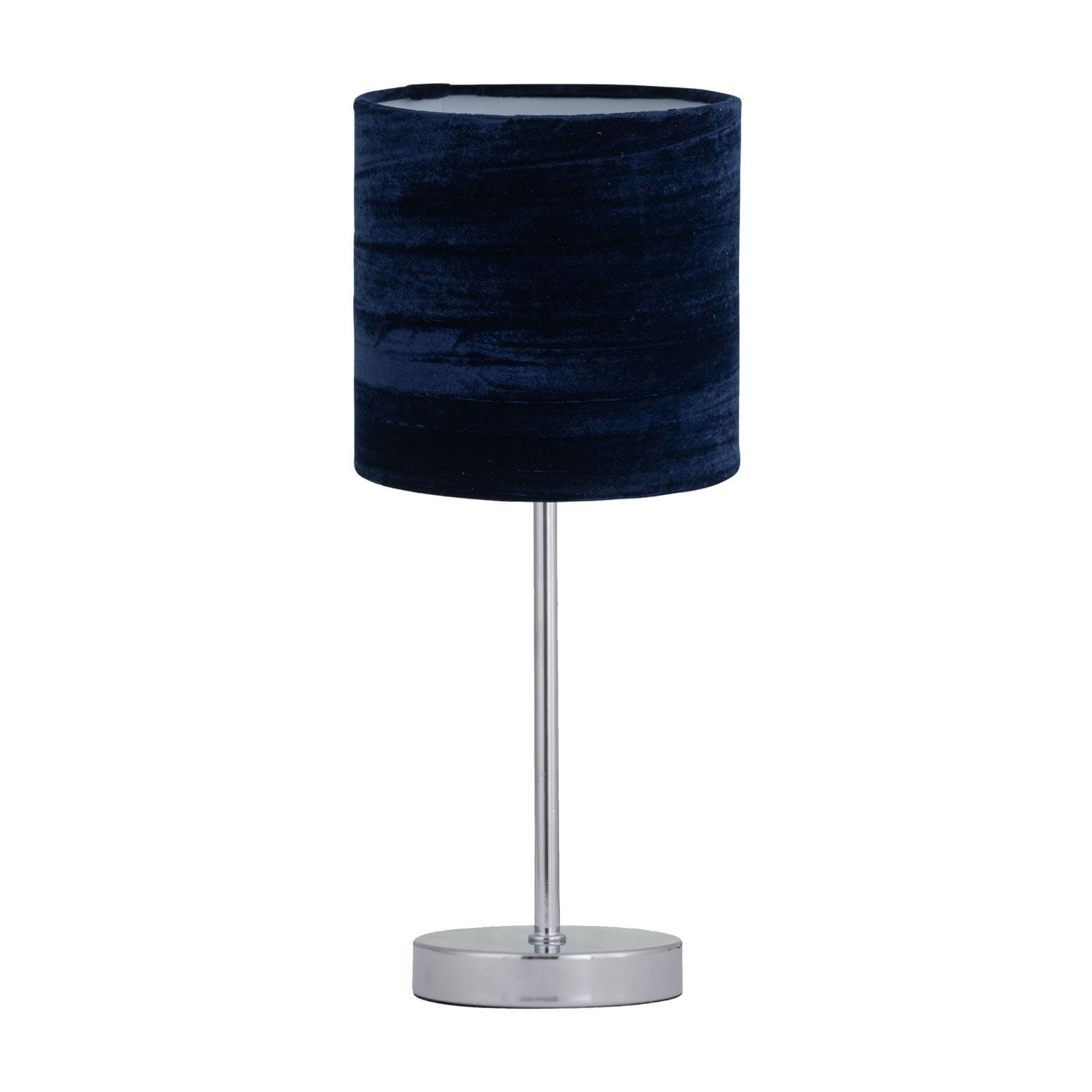 First Choice Lighting Chrome Touch Operated Table Lamp with Navy Blue Crushed Velvet Shade in Silver