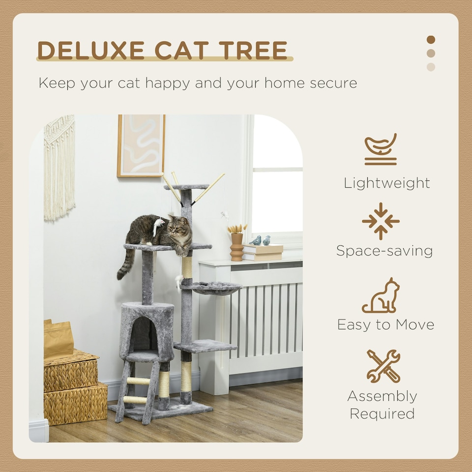 image 1 of PawHut Cat Tree for Indoor Cats, 135cm Scratching Post Climbing Tower, Grey