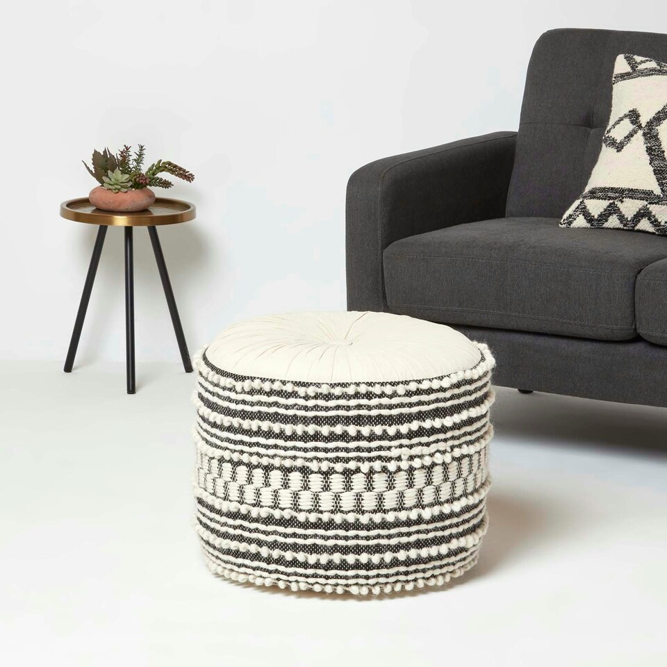 image 1 of Homescapes Priya Cream & Black Macrame Boho Pouffe