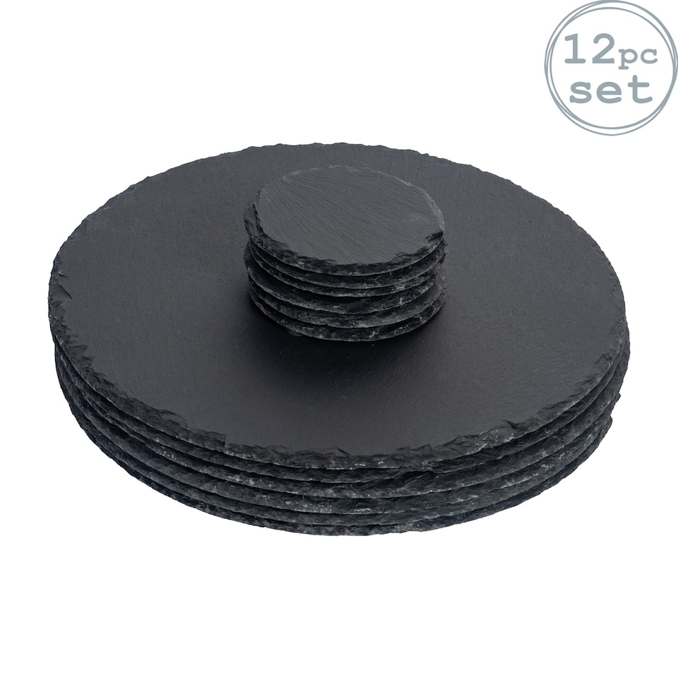 image 1 of Argon Tableware 12pc Slate Placemats & Coasters Set - Round Black Natural Stone Dinnerware Plate Placemats Drink Mats | Grey | Grey | One Size | 12