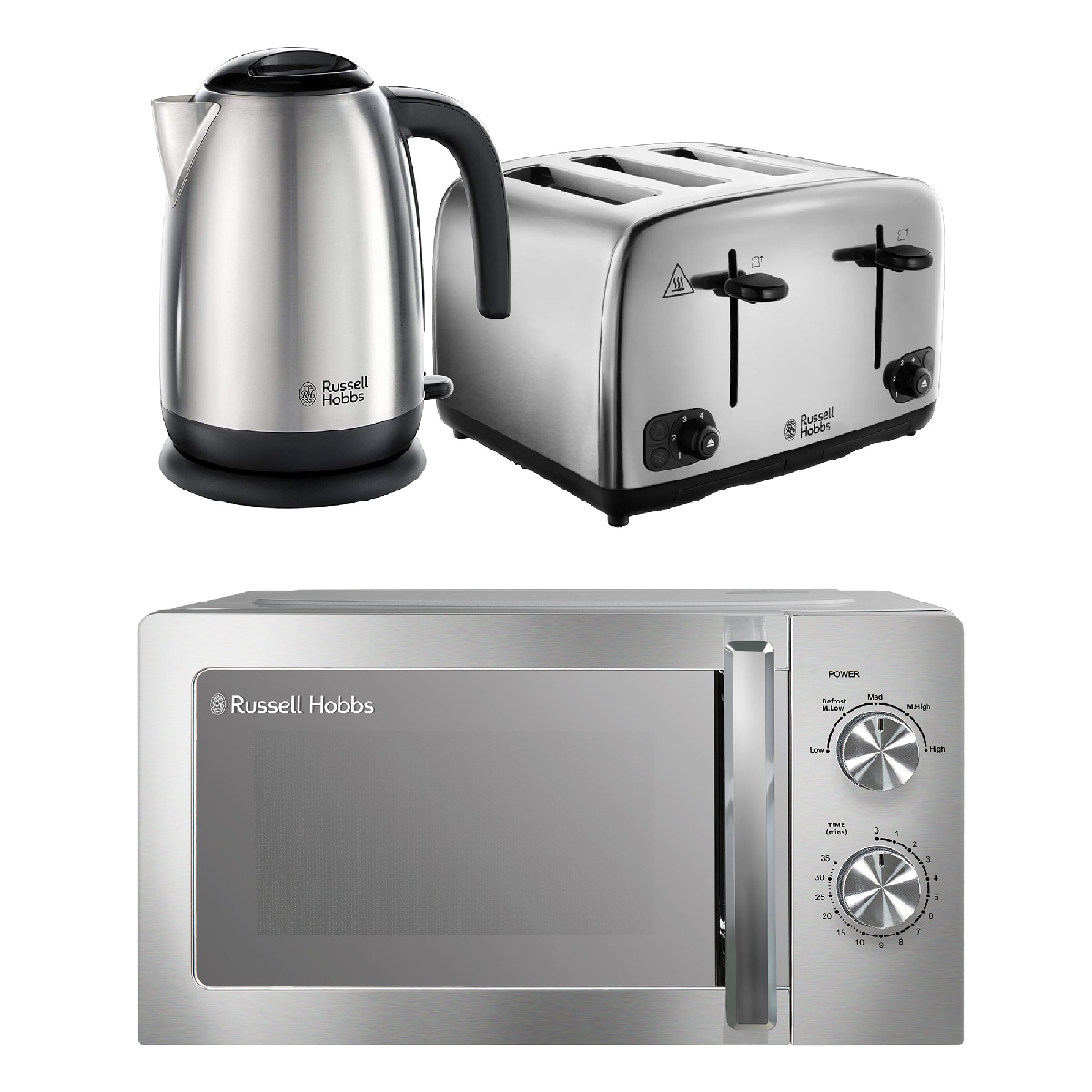 Russell Hobbs Polished Classics Bundle Set with Kettle, 4 Slice Toaster, and Manual Microwave CLCSBNDL4SS