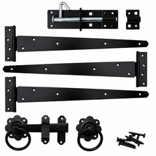 Garden Side Gate Fixing Kit 3x Tee Hinges Ring Latch & Brenton Bolt Set Black Powder Coated