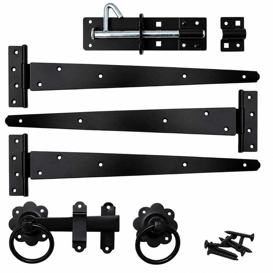 image 1 of Garden Side Gate Fixing Kit 3x Tee Hinges Ring Latch & Brenton Bolt Set Black Powder Coated