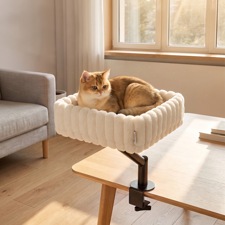 image 1 of PawHut Cat Desk Bed, 360° Rotatable Raised Cat House w/ Hanging Ball, White