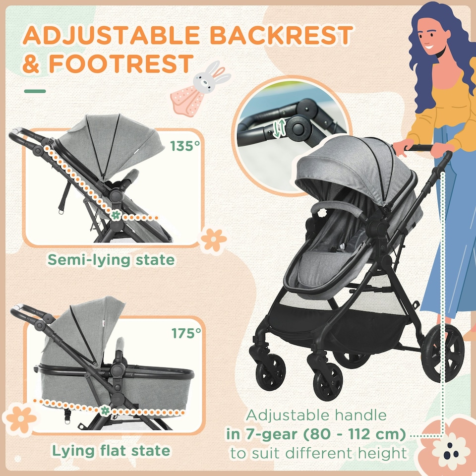 image 1 of HOMCOM 2 in 1 Pushchair Stroller w/ Reversible Seat Single Hand Foldable Grey