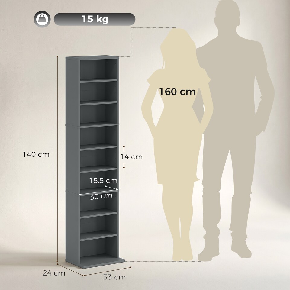 image 1 of HOMCOM 260 CD Storage Unit 120 DVD Storage Tower with 9 Compartments Grey