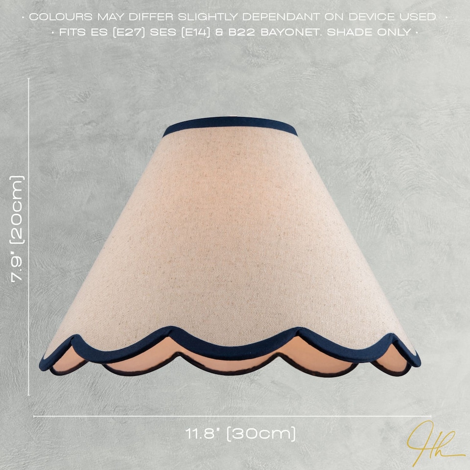 image 1 of Scallop Edge Natural Textured Linen Coolie Lamp Shade with Navy Trims | Blue | 12"