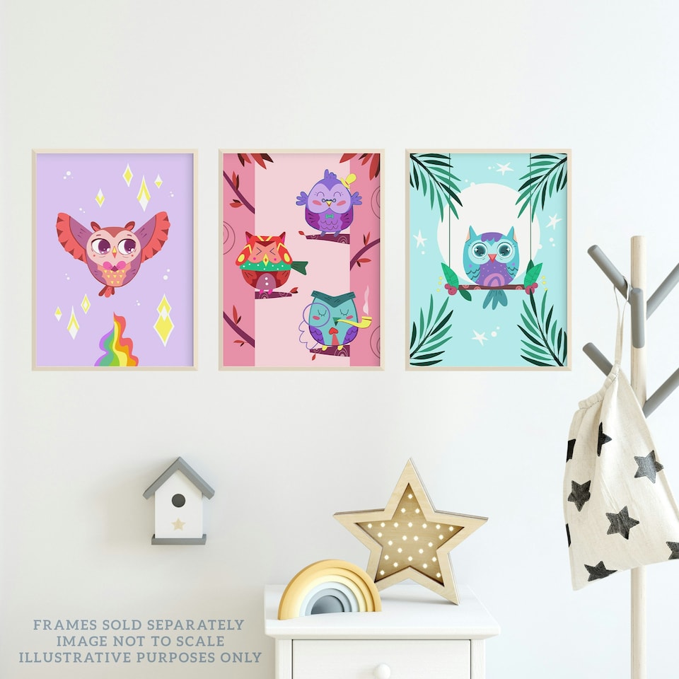 image 1 of Set of 3 Kids Bedroom Nursery Colourful Owl Bird Autumn Moonlight Rainbow Wall Art Prints 12x16 Inch