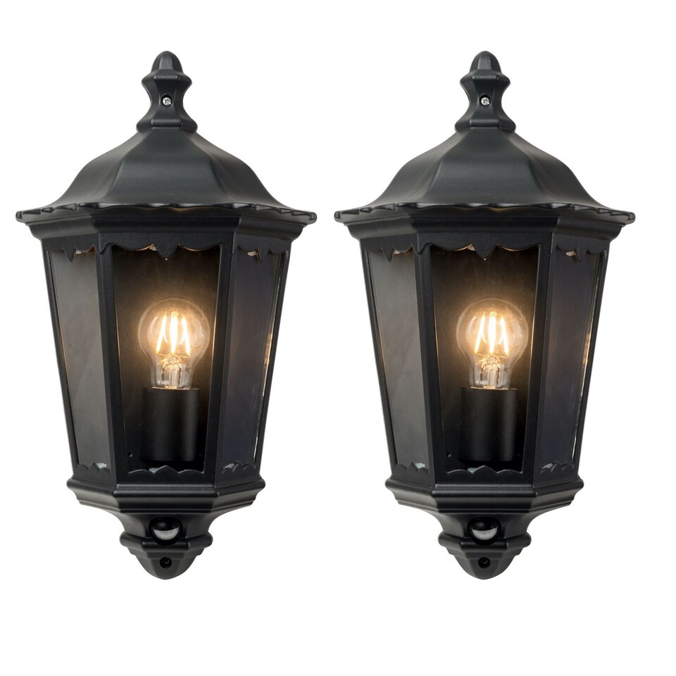 image 1 of Set of 2 Sienna - Black with Clear Glass IP44 Outdoor Half Lantern Wall Lights with PIR Motion Sensor | Black | Clear | 2