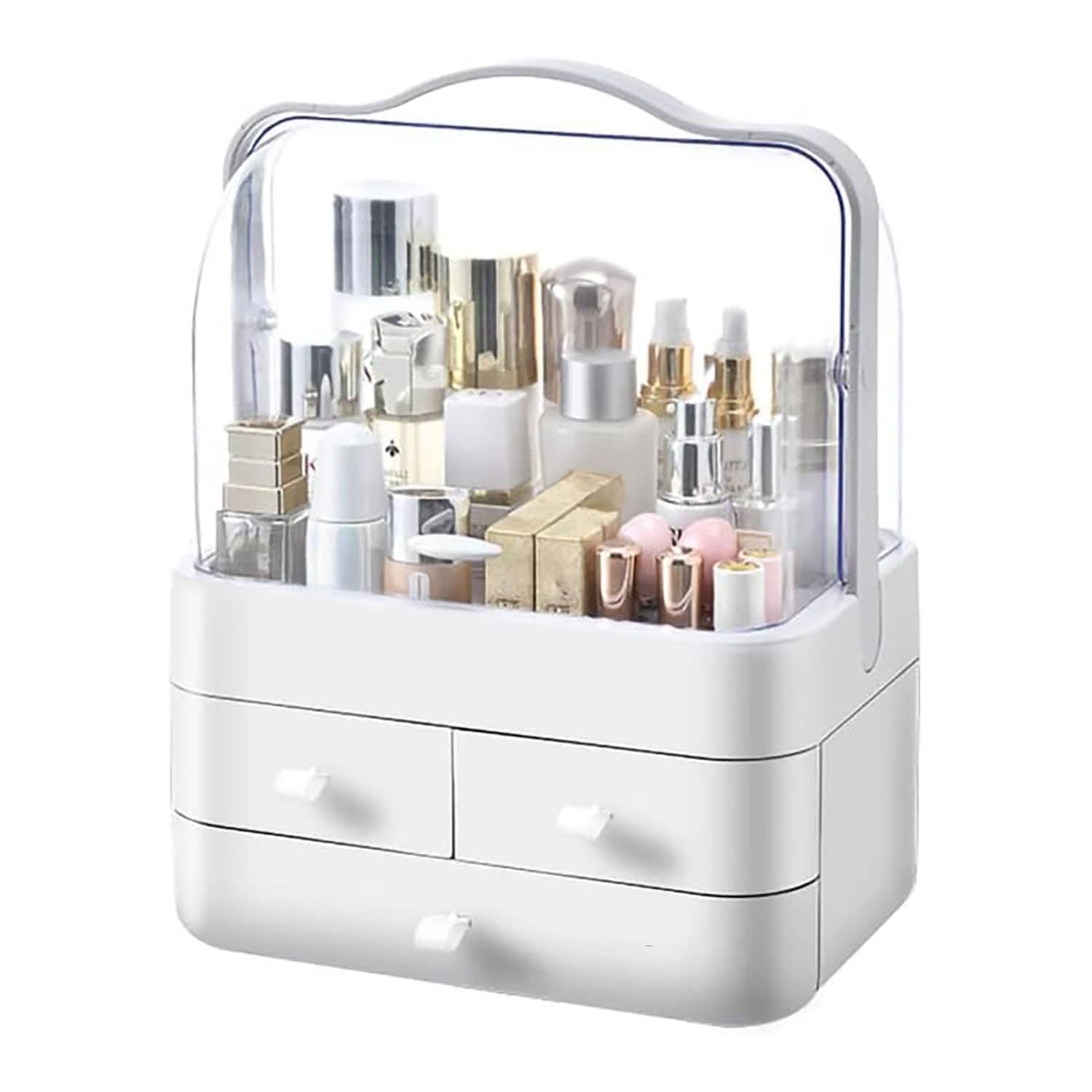 Neo Acrylic Makeup Organiser with Lid & Drawers Portable Dustproof Cosmetic Storage Box | White | White | 26.5 x 18.2 x 34.7cm | 1