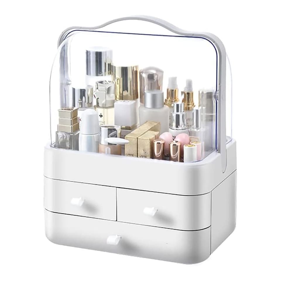 image 1 of Neo Acrylic Makeup Organiser with Lid & Drawers Portable Dustproof Cosmetic Storage Box | White | White | 26.5 x 18.2 x 34.7cm | 1