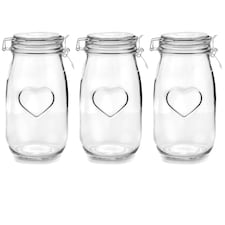 Nicola Spring Heart Glass Storage Jars - 1.5 Litre - Clear Seal - Pack of 3