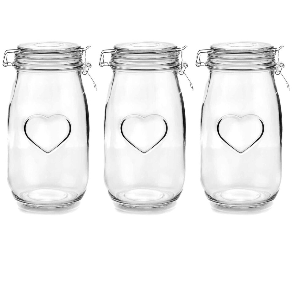 image 1 of Nicola Spring Heart Glass Storage Jars - 1.5 Litre - Clear Seal - Pack of 3