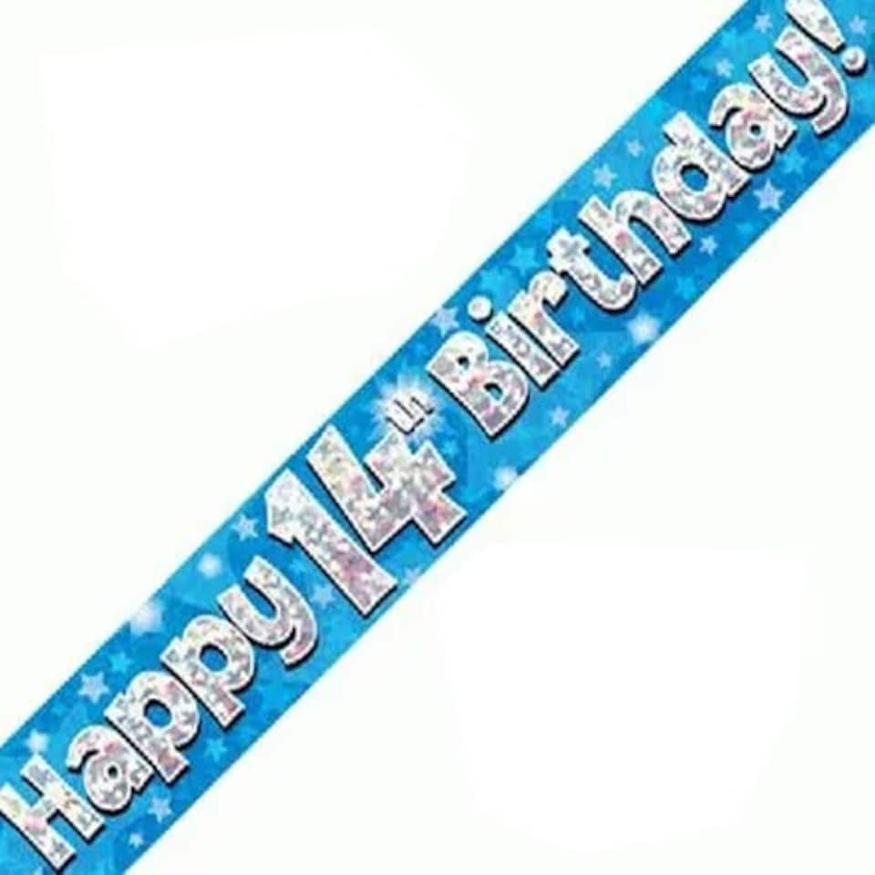 Blue Happy 14th Birthday Holographic Foil Banner 274cm