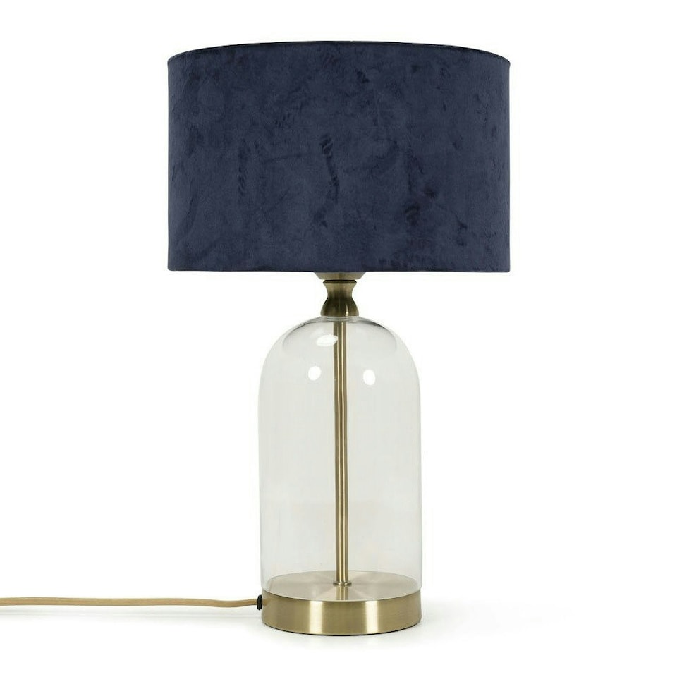 image 1 of ValueLights Jessy Glass and Gold Metal Bedside Table Lamp with a Navy Blue Velvet Lampshade - Bulb Included Blue