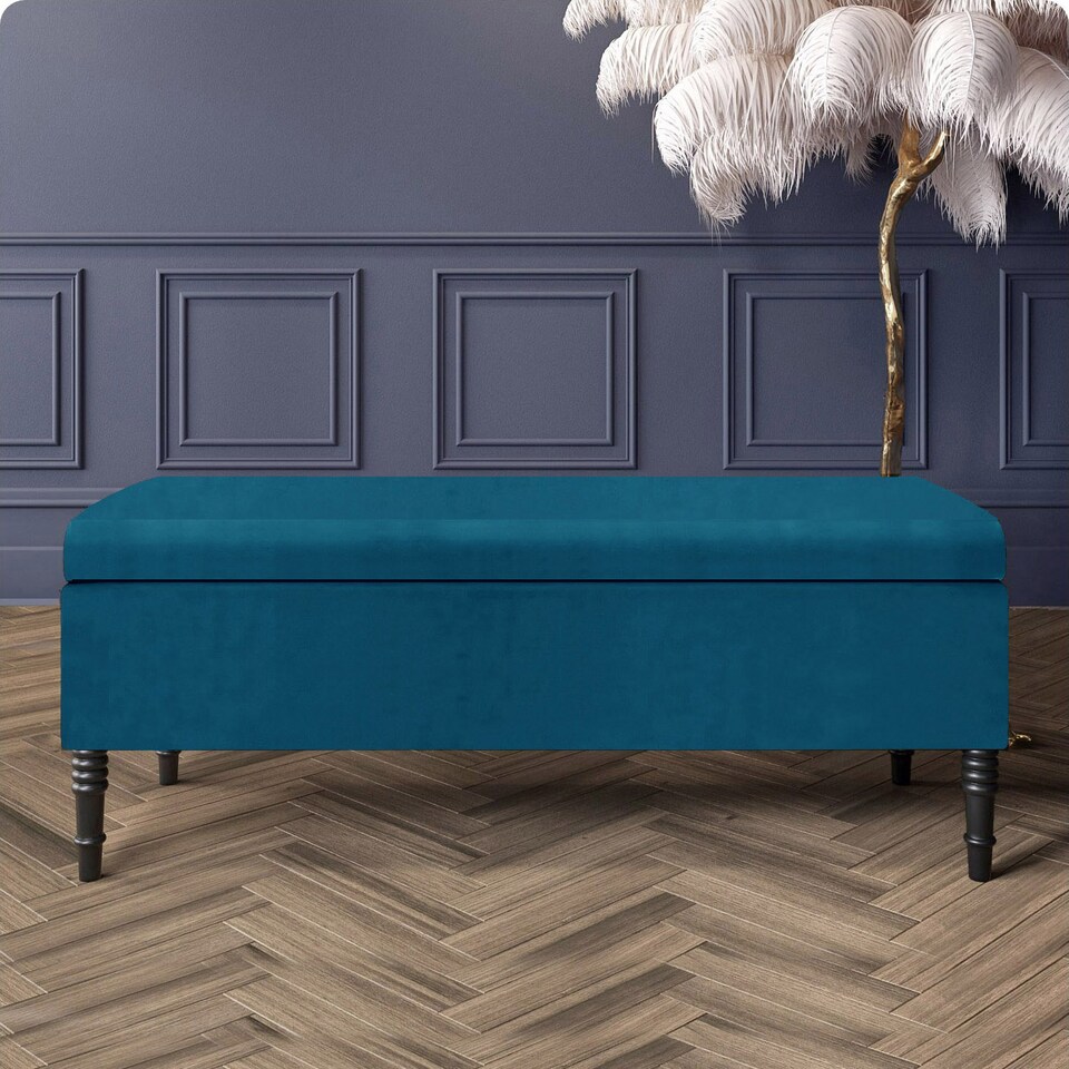 image 1 of Paris Plain 90cm Ottoman Storage Bench - Plush Velvet Shoe Bench - Emerald Green Upholstery Footstool with Storage