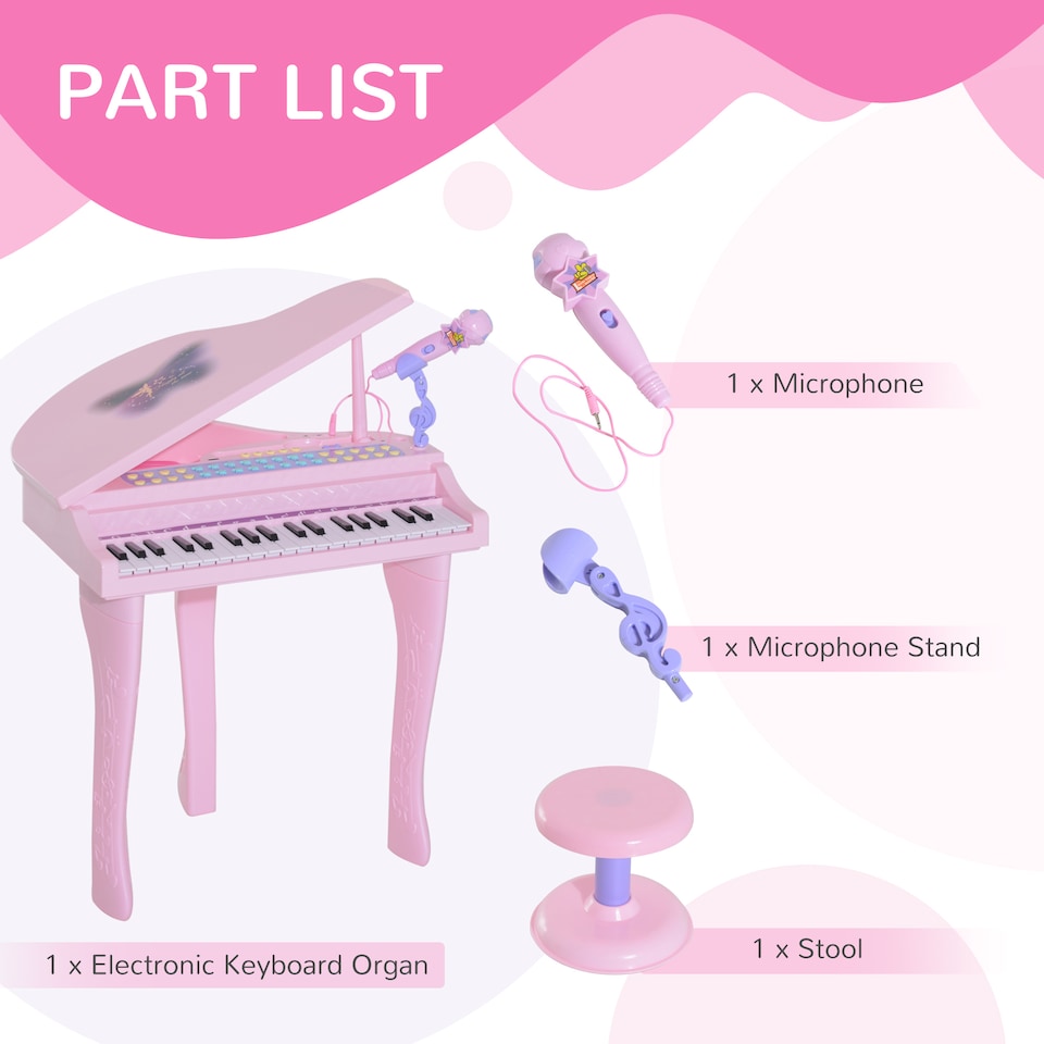 image 1 of HOMCOM 37 Key Musical Mini Piano Electrionic Keyboard Microphone Stool Pink | Pink