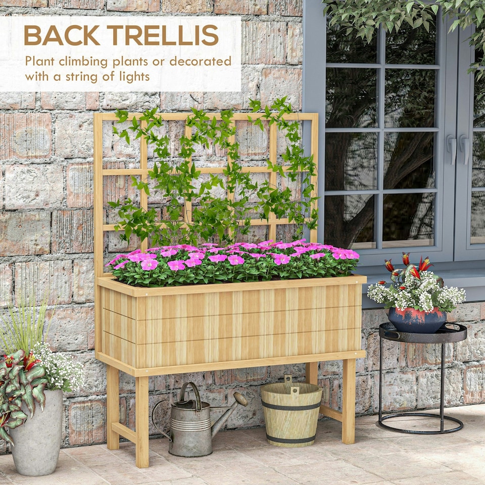 image 1 of Outsunny Wood Raised Planter w/ Trellis Drain Holes Elevated Garden Bed Grey