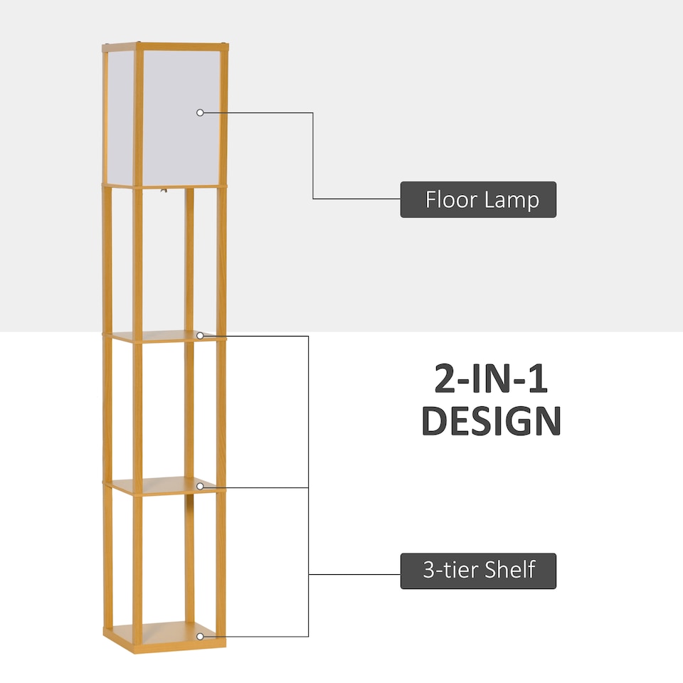 image 1 of HOMCOM 3Tier Floor Lamp, Floor Light with Storage Shelf, Reading Standing Lamp with Acrylic Shade for Living Room, Bedroom, Kitchen, Dining Room, Office, Dorm, 160cm, Natural