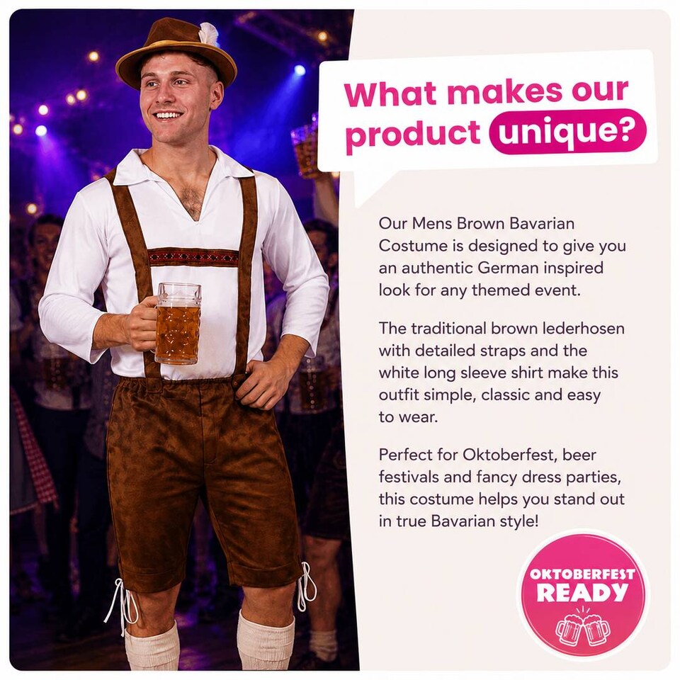 image 1 of Mens Oktoberfest Bavarian Costume Brown Lederhosen Beer Festival German Fancy Dress Outfit