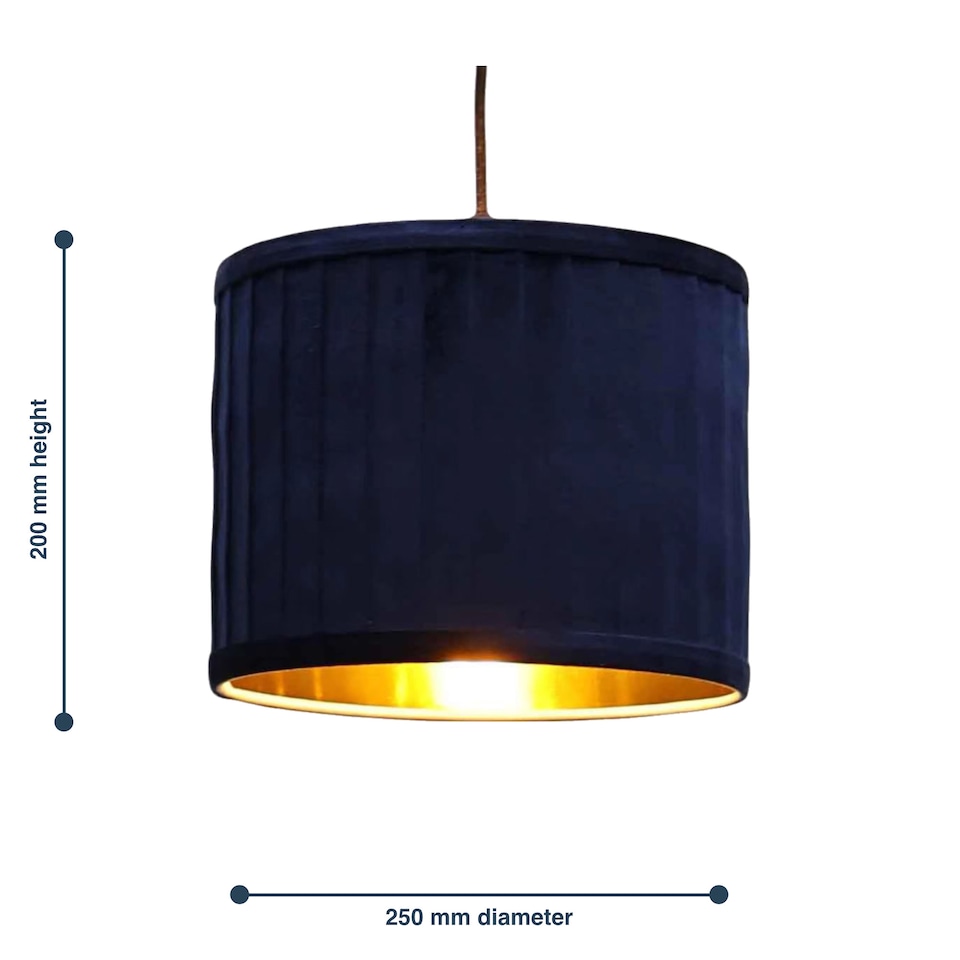 image 1 of Sundance - Navy Blue Velvet Pleated 25cm Lamp Shade with Gold Inner | Blue | Pleated navy velvet with gold cardboard inner detail | 1