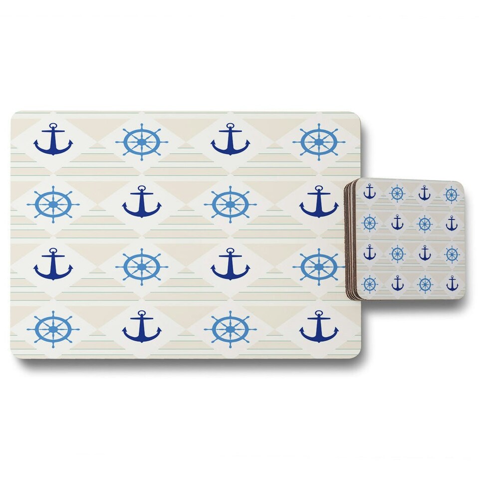 image 1 of Nautical Elements on Striped Background (Placemat & Coaster Set)
