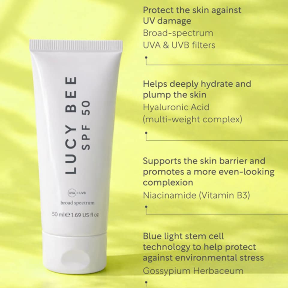 image 1 of Lucy Bee SPF50 Face Sunscreen, Hydrating Daily UVA/UVB & Blue Light Protection with Niacinamide 50ml