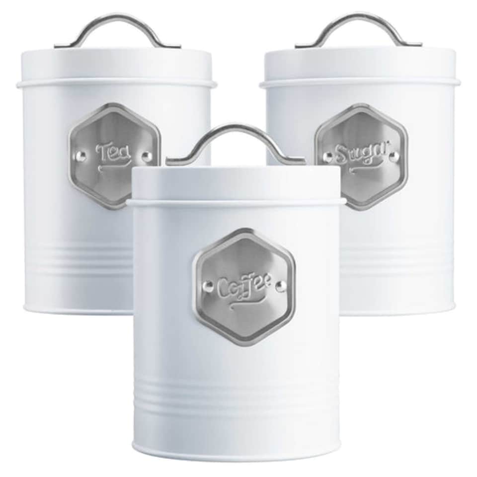 image 1 of Cooks Professional 3 Piece Kitchen Storage Set – Tea, Coffee & Sugar Cannisters | White | White & Silver | 3