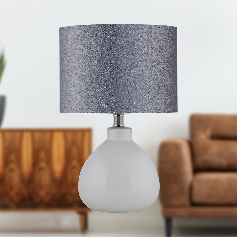 image 1 of First Choice Lighting Tuscan White Ceramic Lamp with Silver Grey Glitter Shade White | Grey
