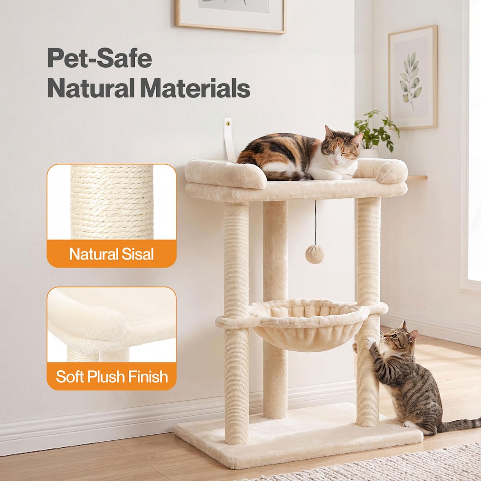 image 1 of Skylos Cat Tree Tower Bed with Hammock Ball Scratching Post Large Perch Beige