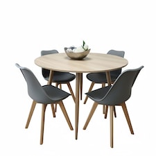 Modern Round Dining Table Set With 4 Grey Plastic Chairs Dining Room Furniture