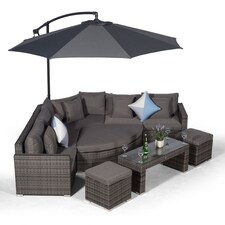 Santorini L Shape Modular 5 Seat Rattan Corner Sofa Set With Daybed Ottoman, Large Coffee Table & 2 Stools Grey | Grey
