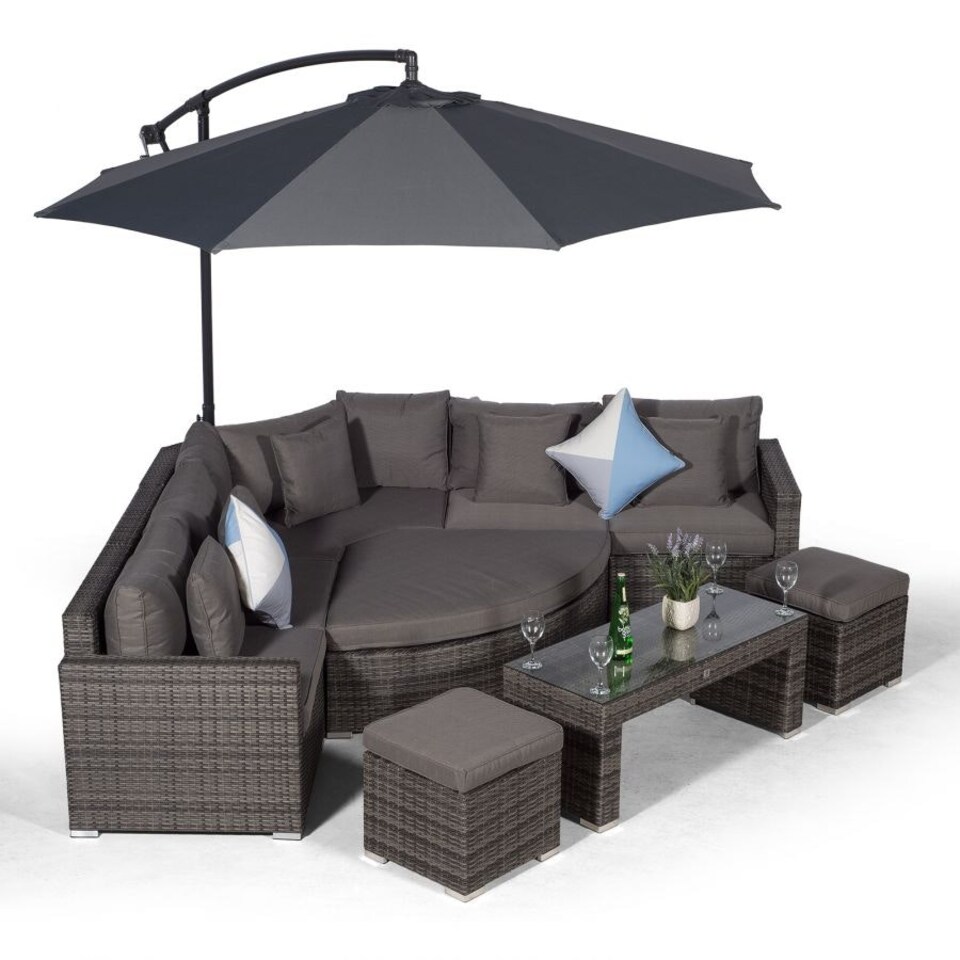 image 1 of Santorini L Shape Modular 5 Seat Rattan Corner Sofa Set With Daybed Ottoman, Large Coffee Table & 2 Stools Grey | Grey
