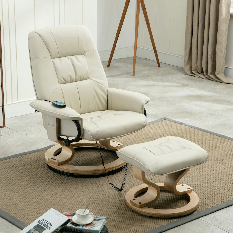 image 1 of Tuscany Bonded Leather Swivel Recliner Massage Chair w Footstool (Cream)