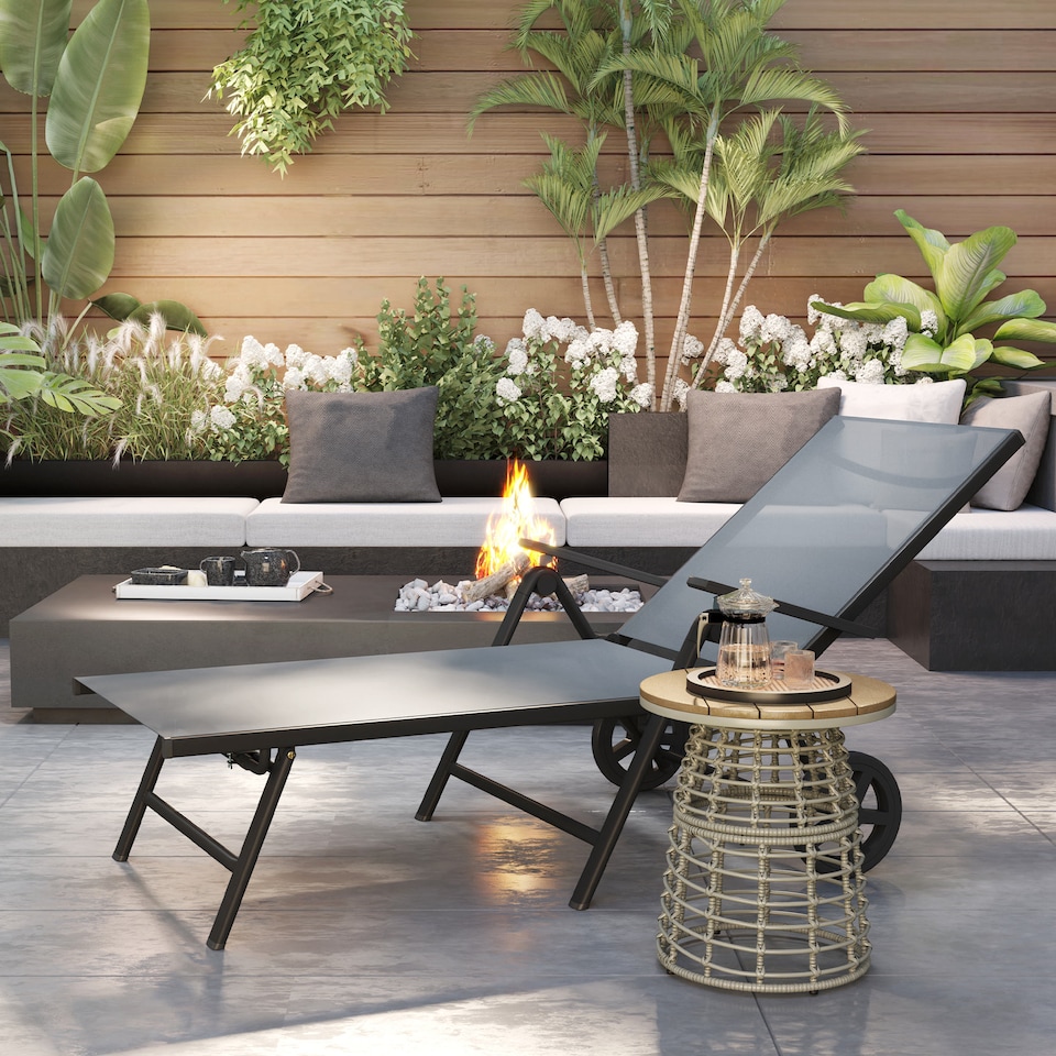 image 1 of Outsunny Folding Sun Lounger with Wheels, 5-Position Reclining Garden Lounger with Armrests, Metal Frame Portable Outdoor Reclining Chair Sunbed for Beach, Porch, Grey | Grey | Grey