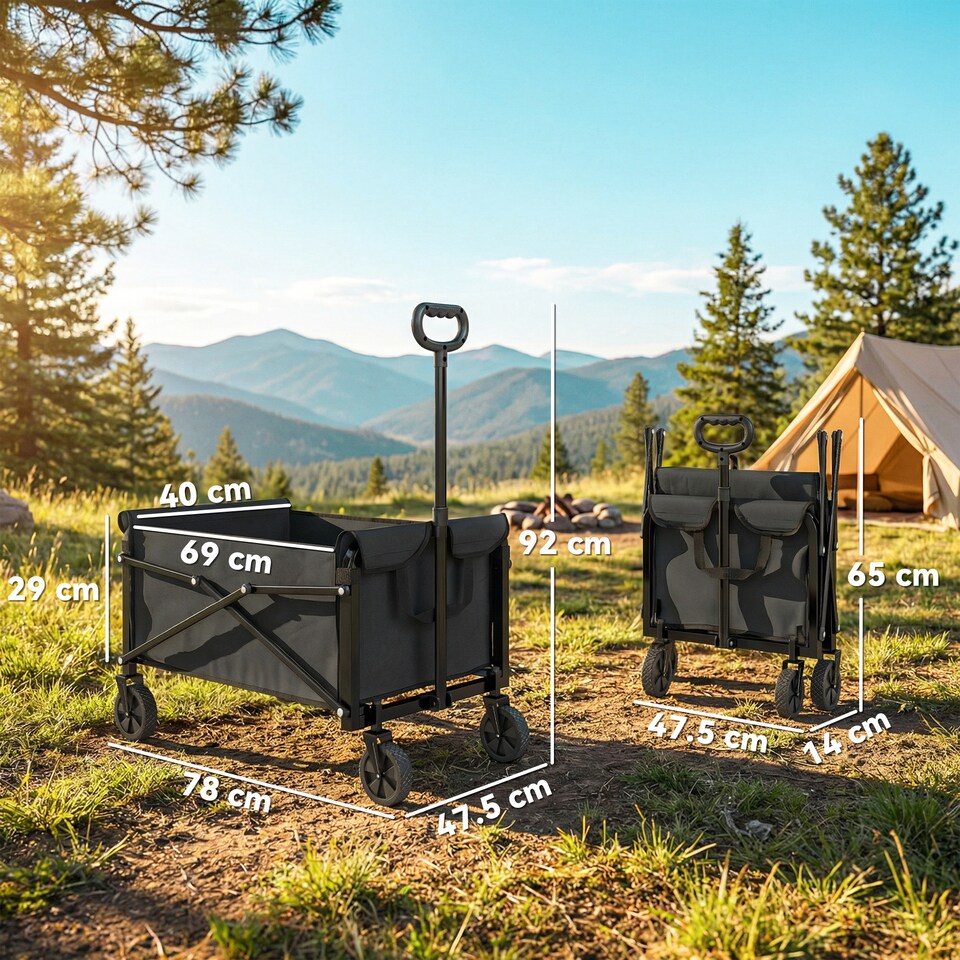 image 1 of Outsunny 81L Festival Trolley on Wheels, Garden Folding Trolley Cart | Black | Black | 78 x 47.5 x 92 cm
