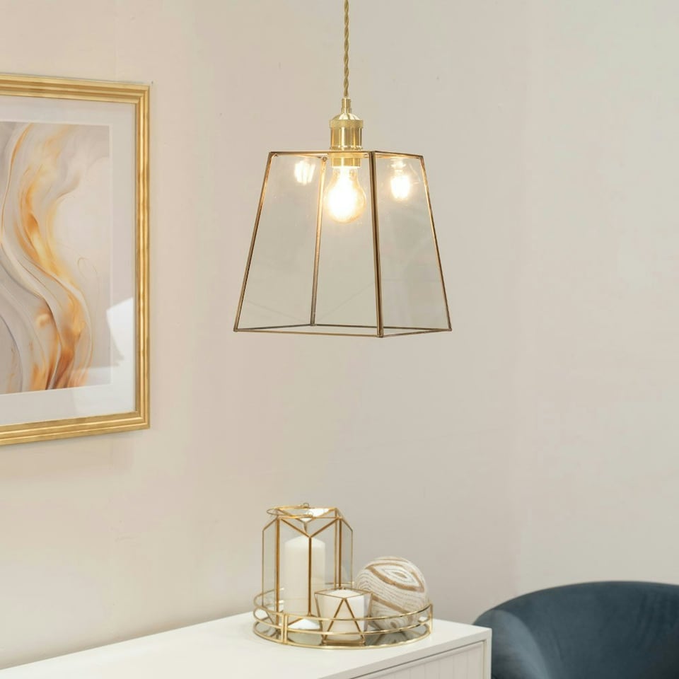 image 1 of ValueLights Susie Glass Pendant Lantern Gold Case Easy Fit Lamp Shade with LED Bulb
