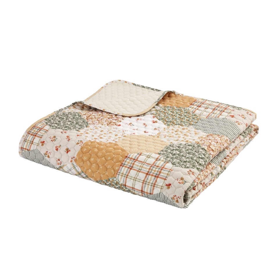 image 1 of Catherine Lansfield Floral Patchwork Quilted Bedspread | Cream | Natural | One Size