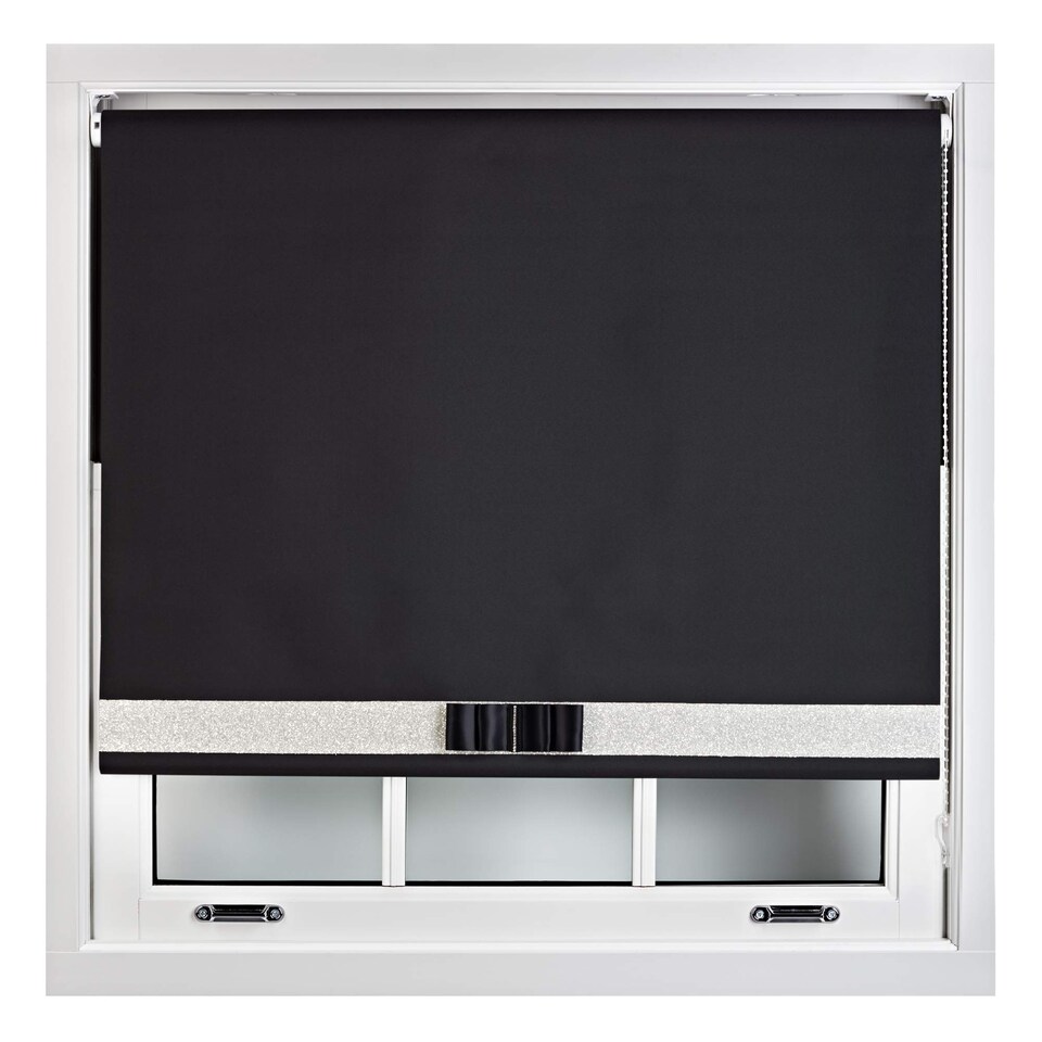 image 1 of FURNISHED Blackout Roller Blind with White Glitter Trim and Black Bow Cut to Size | Black | Black 1 | (W) 60cm x (L) 210cm