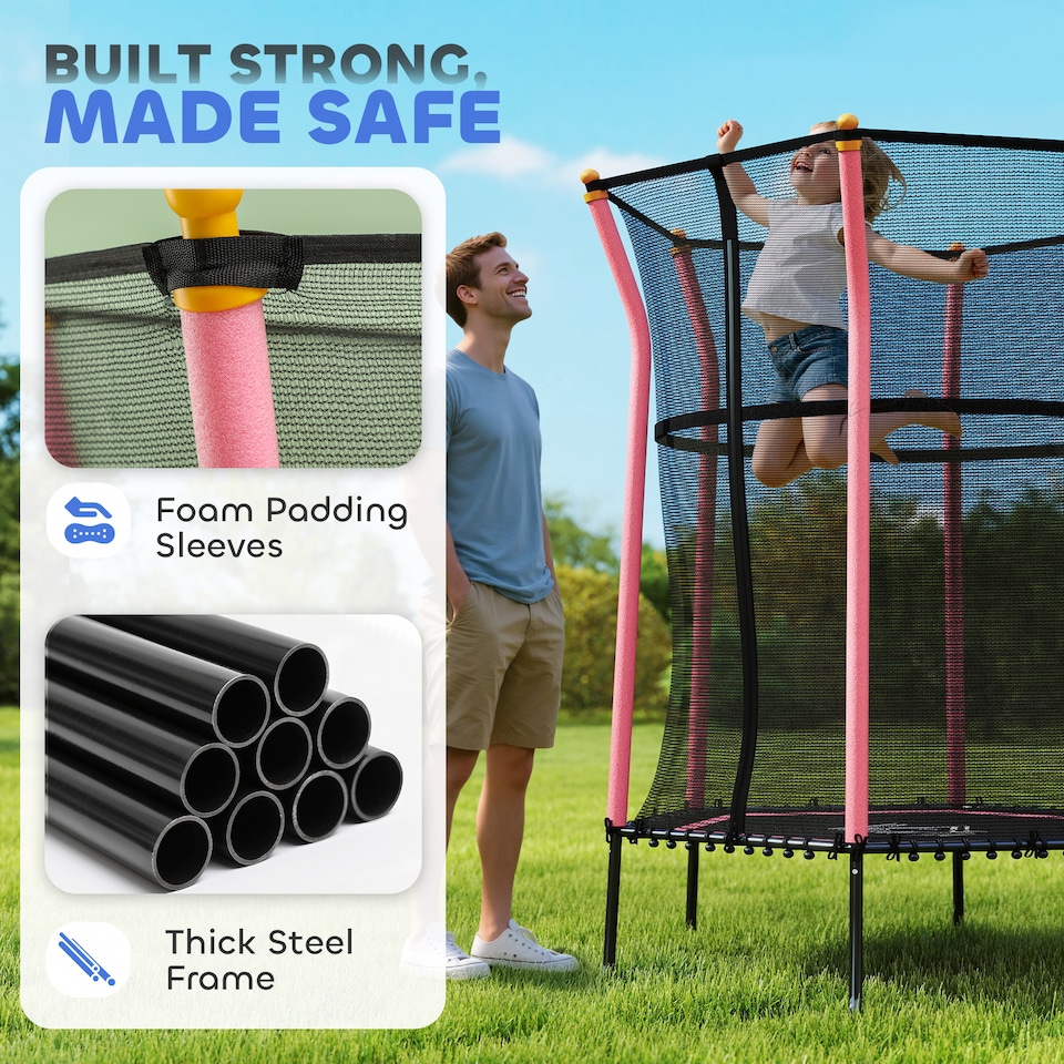 image 1 of HOMCOM 4FT Kids Toddler Trampoline With Enclosure Indoor Outdoor, Pink