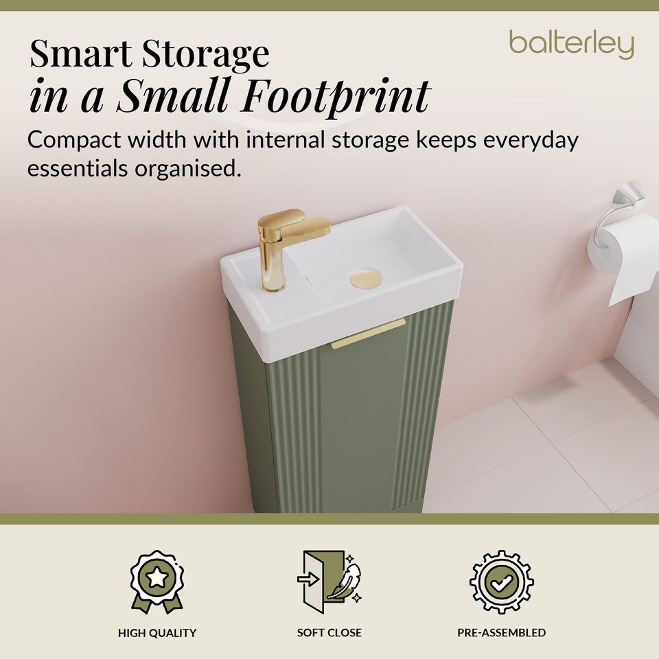 image 1 of Green 400mm Floor Standing Vanity Unit with Brushed Brass Handle | Green | Satin Green | 1