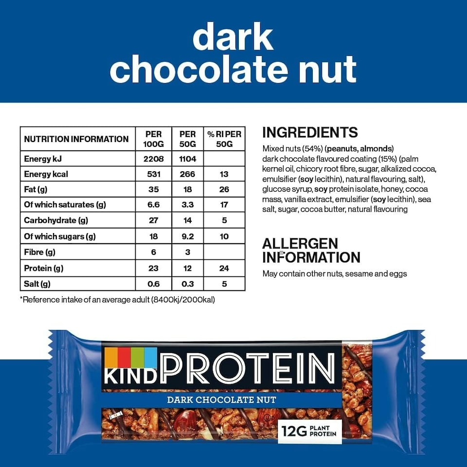 image 1 of KIND Protein Bars, Gluten Free Snack, Dark Chocolate Nut, High Fibre, Source of Protein, No Artificial Colours, Flavours or Preservatives, Multipack 24 x 50g