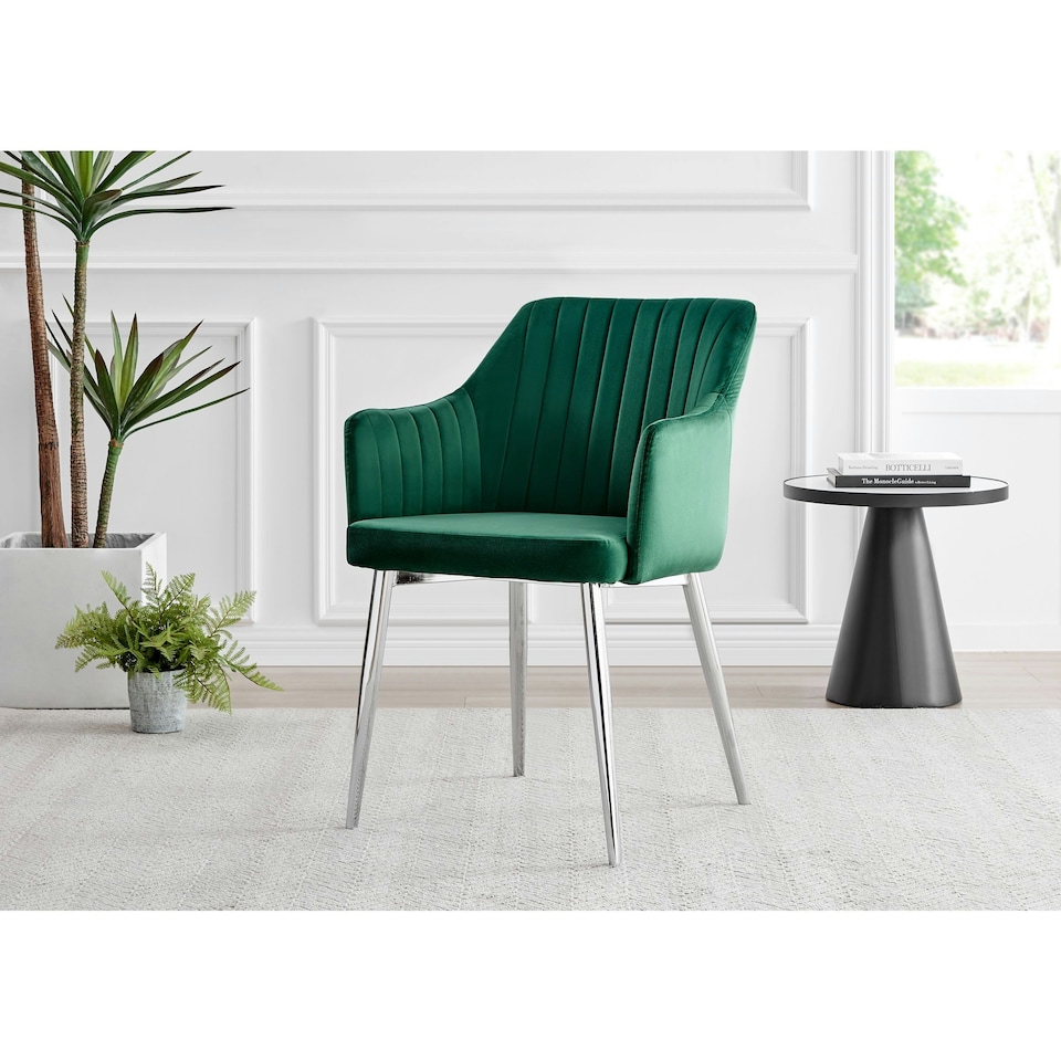 image 1 of Furniturebox 2x Calla Green Velvet Dining Chairs with Silver Chrome Legs