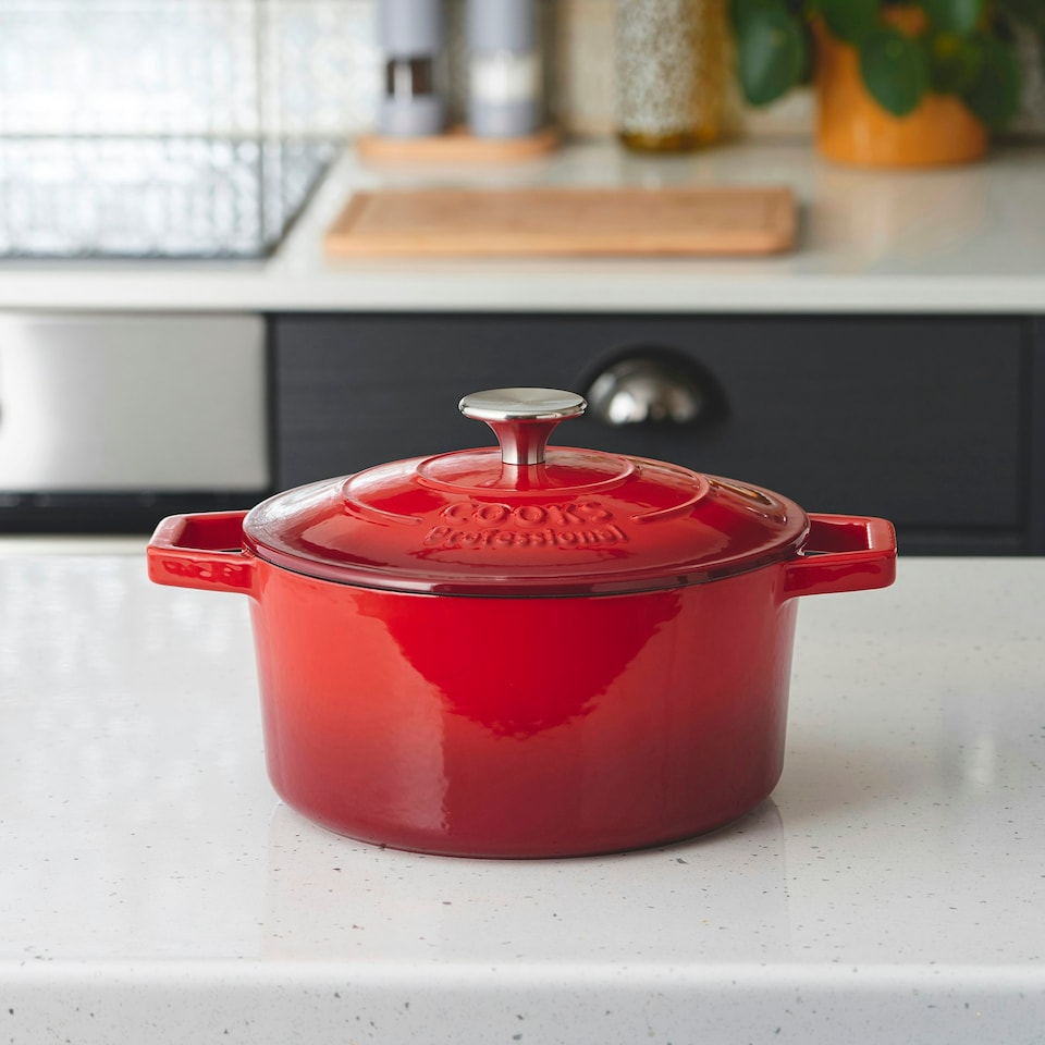 image 1 of Cooks Professional Cast Iron Casserole Set of 3 | 20cm, 26cm & 28cm | Enamelled Inside & Out | Graduated Red