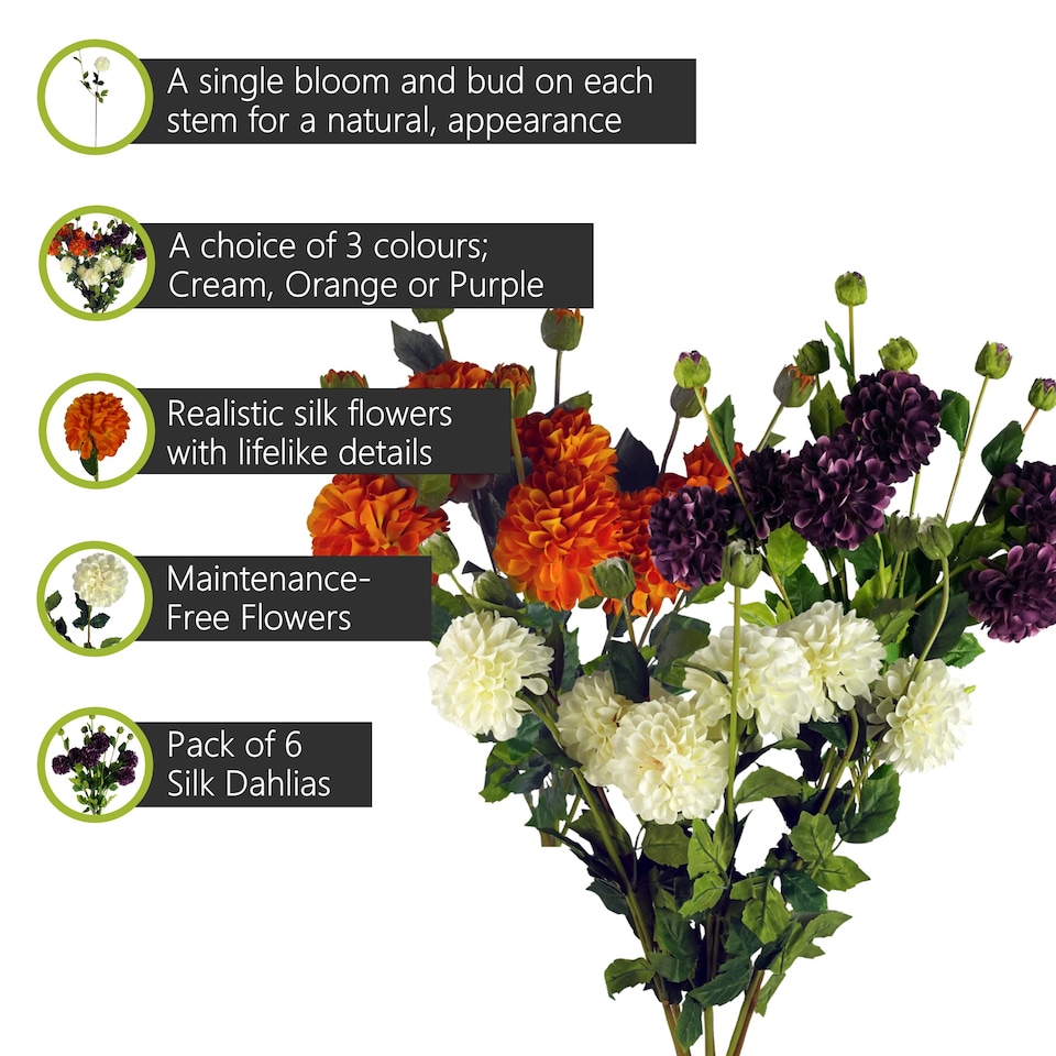 image 1 of Pegdev Pack of 6 Orange Dahlia PomPom Stems 75cm Silk Flowers