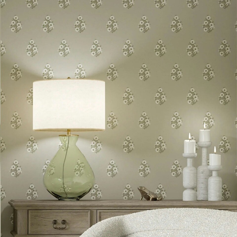 image 1 of Posy Wallpaper in Cream on Organic Green Multi