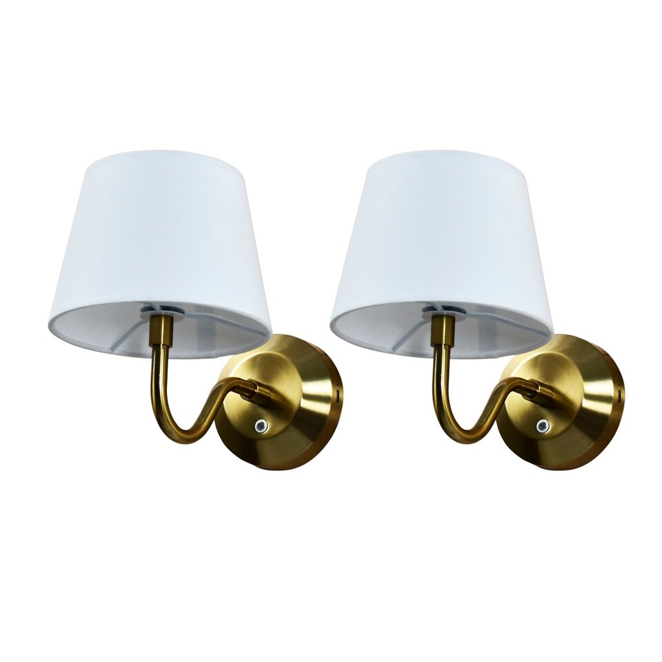 image 1 of Set of 2 Hamilton - Brass Rechargeable Wall Lights with White Shades