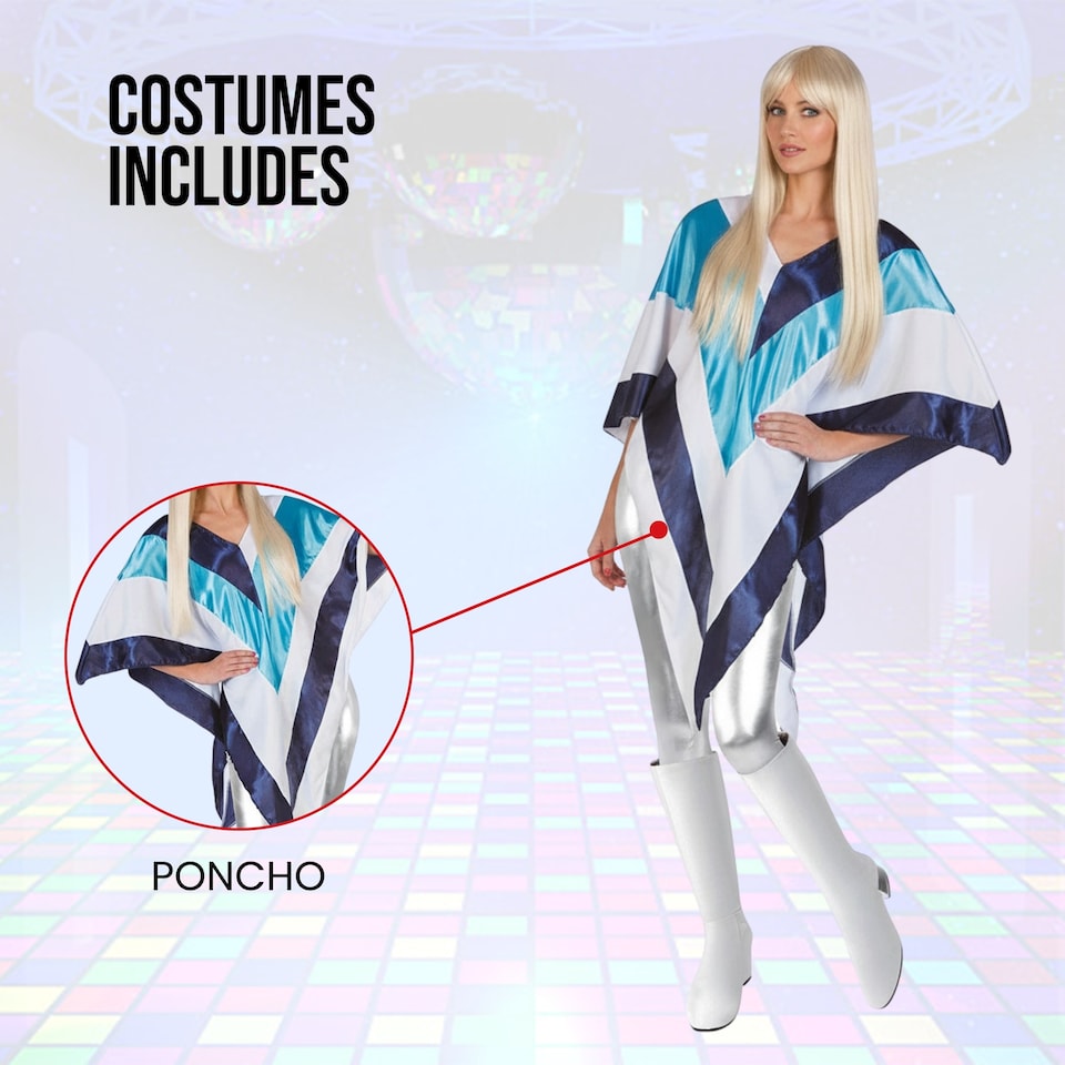 image 1 of Ladies Disco Poncho ABBA 1970s Singer Womens Decades Fancy Dress Costume Cape